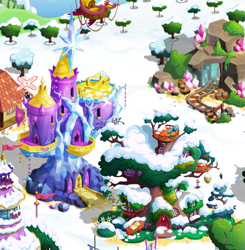 Size: 555x566 | Tagged: safe, gameloft, g4, alternate timeline, alternate universe, gameloft shenanigans, golden oaks library, snow, time paradox, twilight's castle