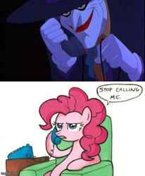 Size: 500x607 | Tagged: safe, pinkie pie, earth pony, pony, g4, batman, batman the animated series, chair, exploitable meme, meme, phone, pinkie pie is not amused, prank call, stop calling me, the joker, unamused