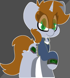 Size: 2446x2688 | Tagged: safe, artist:moonydusk, oc, oc only, oc:littlepip, pony, unicorn, fallout equestria, female, gray background, high res, mare, raised hoof, simple background, solo