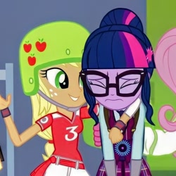 Size: 816x816 | Tagged: safe, screencap, applejack, sci-twi, twilight sparkle, equestria girls, g4, my little pony equestria girls: friendship games, cropped, eyes closed, female, helmet