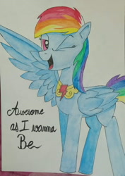 Size: 678x960 | Tagged: safe, artist:aking, rainbow dash, pony, g4, awesome as i want to be, element of loyalty, looking at you, one eye closed, open mouth, open smile, smiling, solo, traditional art, wink, winking at you