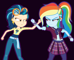Size: 758x617 | Tagged: safe, artist:sarahalen, indigo zap, rainbow dash, equestria girls, g4, black background, clothes, clothes swap, crystal prep academy uniform, duo, female, looking at each other, looking at someone, rivals, school uniform, simple background