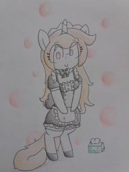 Size: 774x1032 | Tagged: safe, artist:cherro, oc, oc only, oc:cherry blossom, pony, unicorn, clothes, maid, solo, tissue box, traditional art