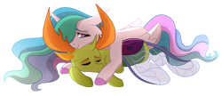 Size: 1280x553 | Tagged: safe, artist:primrosepaper, princess celestia, thorax, alicorn, changedling, changeling, pony, g4, clothes, cute, ethereal mane, eyes closed, feather, female, flowing mane, flowing tail, folded wings, horn, horns, king thorax, lidded eyes, lying down, male, pink eyes, see-through, shipping, simple background, sleeping, smiling, snuggling, starry mane, straight, tail, thoralestia, transparent background, wings