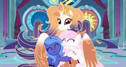 Size: 1024x547 | Tagged: safe, artist:velveagicsentryyt, princess celestia, princess luna, oc, oc:queen galaxia, alicorn, pony, g4, base used, celestia and luna's mother, cewestia, eyes closed, eyeshadow, female, filly, filly celestia, filly luna, hug, looking down, makeup, mare, winghug, wings, woona, younger