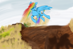 Size: 1000x667 | Tagged: safe, artist:galaxymike, rainbow dash, pegasus, pony, g4, dirt, female, mare, side view, sky, solo, spread wings, wings
