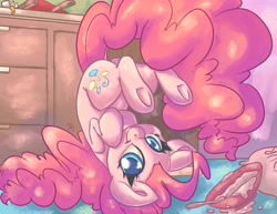 Size: 3300x2550 | Tagged: safe, artist:leadhooves, pinkie pie, earth pony, pony, g4, batter, bowl, colored pupils, cute, diapinkes, dock, egg (food), female, food, high res, hooves to the chest, kitchen, looking at you, mare, ponk, smiling, smiling at you, solo, spoon, tail, underhoof, upside down