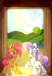Size: 1024x1500 | Tagged: safe, artist:megalura, babs seed, sweetie belle, earth pony, pony, unicorn, g4, duo, female, filly, foal, raised hoof, sunlight