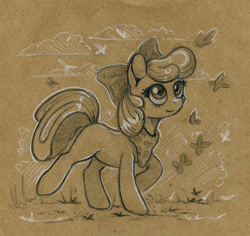 Size: 1092x1031 | Tagged: safe, artist:maytee, apple bloom, butterfly, earth pony, pony, g4, neckerchief, solo, traditional art