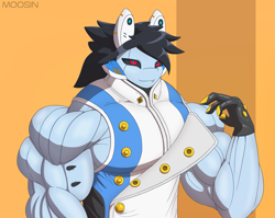 Size: 4113x3268 | Tagged: safe, artist:mopyr, oc, oc only, oc:erell, cyborg, original species, shark, shark pony, anthro, black sclera, clothes, gloves, male, muscles, outfit, solo