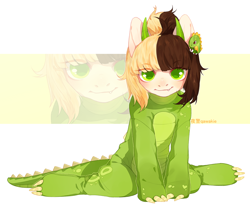 Size: 2400x2000 | Tagged: safe, artist:qawakie, oc, oc only, earth pony, lizard, pony, clothes, costume, earth pony oc, high res, horns, kigurumi, sitting, smiling, zoom layer