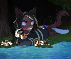 Size: 2400x2000 | Tagged: safe, artist:qawakie, oc, oc only, earth pony, pony, snake, clothes, earth pony oc, high res, lying down, outdoors, prone, river, smiling, socks, water