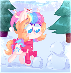Size: 1005x1029 | Tagged: safe, artist:awoomarblesoda, oc, oc only, oc:frosting, bat pony, pony, snake, bat pony oc, bat wings, clothes, ethereal mane, female, mare, multicolored hair, outdoors, rainbow hair, smiling, snowman, solo, starry mane, tree, wings