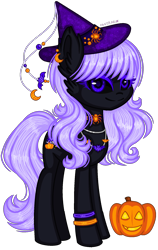 Size: 1164x1840 | Tagged: safe, artist:fantarianna, oc, oc only, earth pony, pony, bracelet, ear piercing, earth pony oc, female, halloween, hat, holiday, jack-o-lantern, jewelry, mare, necklace, piercing, pumpkin, simple background, smiling, transparent background, witch hat