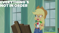Size: 1280x720 | Tagged: safe, edit, edited screencap, editor:quoterific, screencap, applejack, equestria girls, g4, my little pony equestria girls: better together, schedule swap, applejack's hat, belt, clothes, cowboy hat, cutie mark on clothes, denim skirt, female, geode of super strength, hand on hip, hat, jewelry, magical geodes, necklace, open mouth, skirt, solo