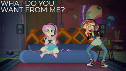 Size: 1280x720 | Tagged: safe, edit, edited screencap, editor:quoterific, screencap, fluttershy, sunset shimmer, equestria girls, g4, game stream, my little pony equestria girls: better together, angry, clothes, controller, converse, cute, cutie mark on clothes, duo, duo female, female, gamer sunset, gamershy, geode of fauna, hairpin, headset, jacket, jewelry, leather, leather jacket, magical geodes, necklace, open mouth, psycho gamer sunset, sandals, shoes, shyabetes
