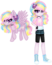 Size: 1280x1611 | Tagged: safe, artist:fantarianna, oc, oc only, pegasus, pony, equestria girls, g4, bow, choker, clothes, converse, duo, equestria girls-ified, eyelashes, female, fingerless gloves, flying, gloves, grin, hair bow, magical lesbian spawn, offspring, parent:pinkie pie, parent:rainbow dash, parents:pinkiedash, pegasus oc, shoes, shorts, simple background, smiling, transparent background