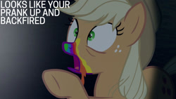 Size: 1280x720 | Tagged: safe, edit, edited screencap, editor:quoterific, screencap, applejack, earth pony, pony, 28 pranks later, g4, season 6, applejack's hat, cowboy hat, female, hat, mare, open mouth, solo