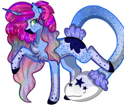 Size: 887x765 | Tagged: safe, artist:teonnakatztkgs, oc, oc only, monster pony, pony, augmented, augmented tail, chest fluff, ethereal mane, horn, multicolored hair, rainbow hair, raised hoof, simple background, solo, starry mane, tail, white background