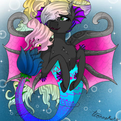 Size: 1500x1500 | Tagged: safe, artist:teonnakatztkgs, oc, oc only, pony, sea pony, blue background, bubble, chest fluff, eyelashes, fin wings, fins, fish tail, flowing mane, flowing tail, green eyes, hair over one eye, mermaid tail, ocean, signature, simple background, smiling, solo, sparkles, swimming, tail, teeth, underwater, water, wings