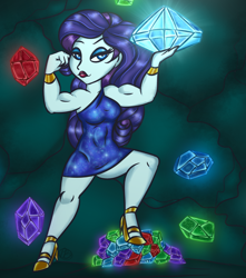 Size: 1020x1156 | Tagged: safe, artist:purfectprincessgirl, rarity, equestria girls, g4, biceps, bracelet, clothes, diamond, dress, flexing, gem, gem cave, high heels, jewelry, muscles, ripped rarity, shoes, smiling