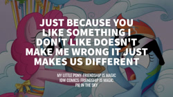 Size: 1280x720 | Tagged: safe, edit, editor:quoterific, idw, pinkie pie, rainbow dash, earth pony, pegasus, pony, g4, balloon, female, grin, mare, open mouth, pie in the sky, positive message, quote, smiling, sunglasses, text