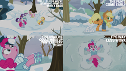 Size: 1280x720 | Tagged: safe, edit, edited screencap, editor:quoterific, screencap, applejack, fluttershy, pinkie pie, rarity, twilight sparkle, alicorn, earth pony, pegasus, pony, unicorn, g4, season 5, tanks for the memories, applejack's hat, clothes, cowboy hat, female, hat, mare, open mouth, open smile, smiling, snow, snow angel, snowball, tree, twilight sparkle (alicorn), winter outfit