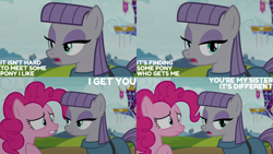 Size: 1280x720 | Tagged: safe, edit, edited screencap, editor:quoterific, screencap, maud pie, pinkie pie, earth pony, pony, g4, rock solid friendship, season 7, duo, female, mare, open mouth, twilight's castle