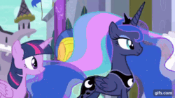Size: 640x360 | Tagged: safe, screencap, flash sentry, princess celestia, princess luna, sunset shimmer, twilight sparkle, alicorn, pegasus, pony, unicorn, equestria girls, equestria girls specials, g4, my little pony equestria girls: better together, my little pony equestria girls: forgotten friendship, animated, blinking, crown, double take, female, gif, gifs.com, jewelry, male, mare, offscreen character, open mouth, regalia, stallion, twilight sparkle (alicorn), walking