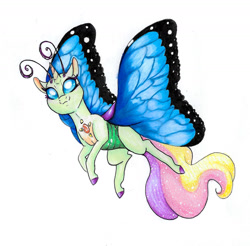 Size: 1558x1536 | Tagged: safe, artist:ask-y, oc, oc only, changedling, changeling, changepony, hybrid, butterfly wings, changedling oc, changeling oc, flying, interspecies offspring, offspring, parent:princess celestia, parent:thorax, parents:thoralestia, simple background, traditional art, white background, wings