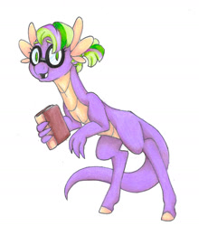 Size: 1236x1402 | Tagged: safe, artist:ask-y, oc, oc only, dracony, dragon, hybrid, book, glasses, interspecies offspring, offspring, parent:scootaloo, parent:spike, parents:scootaspike, simple background, smiling, solo, traditional art, white background