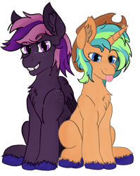 Size: 1527x1920 | Tagged: safe, artist:levinerex, oc, oc only, oc:astonish moon, oc:grappe moon, pegasus, pony, unicorn, 2022 community collab, derpibooru community collaboration, :p, chest fluff, duo, ear fluff, eyebrows, eyebrows visible through hair, female, freckles, grin, hooves, horn, male, mare, pegasus oc, simple background, sitting, smiling, stallion, tongue out, transparent background, unicorn oc, unshorn fetlocks