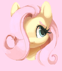Size: 266x302 | Tagged: safe, artist:dammmnation, fluttershy, pegasus, pony, bust, female, hair over one eye, mare, pink background, simple background, solo