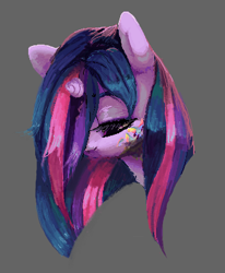 Size: 333x405 | Tagged: safe, artist:dammmnation, twilight sparkle, ambiguous race, pony, g4, bust, female, gray background, hair over one eye, mare, simple background, solo