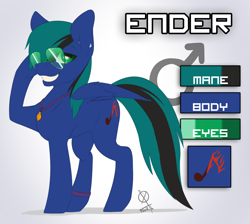 Size: 5100x4579 | Tagged: safe, artist:northernsprint, oc, oc only, oc:ender, pegasus, pony, ear piercing, eyebrows, folded wings, glasses, grin, jewelry, looking at you, male, necklace, pegasus oc, piercing, reference sheet, signature, simple background, smiling, smiling at you, solo, stallion, sunglasses, white background, wings