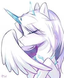 Size: 1378x1654 | Tagged: artist needed, source needed, safe, oc, oc only, oc:bei_dou, alicorn, pony, crystal horn, eyes closed, horn, simple background, solo, white background, white coat
