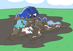 Size: 2000x1400 | Tagged: safe, artist:amateur-draw, princess celestia, princess luna, alicorn, pony, g4, covered in mud, female, mare, mud, mud play, mud pony, mud wrestling, muddy, royal sisters, siblings, sisters, sports, wet and messy, wrestling