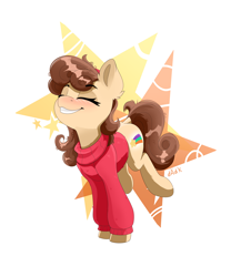 Size: 4000x4800 | Tagged: safe, artist:rainbowfire, earth pony, pony, blushing, chest fluff, clothes, crossover, cute, ear fluff, eyes closed, female, forest background, gravity falls, grin, jumping, mabel pines, mare, ponified, silly, smiling, solo, stars, sweater, turtleneck