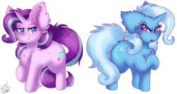 Size: 4038x2160 | Tagged: safe, artist:greenmarta, artist:vanillaswirl6, starlight glimmer, trixie, pony, unicorn, g4, :p, :t, blushing, collaboration, cute, duo, ear fluff, female, fluffy, heart eyes, looking back, simple background, smiling, tongue out, transparent background, wingding eyes