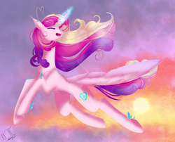 Size: 2798x2261 | Tagged: safe, artist:clefficia, artist:greenmarta, princess cadance, alicorn, pony, collaboration, female, flying, glowing, glowing horn, high res, horn, open mouth, solo, spread wings, wings