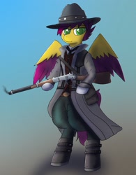 Size: 2223x2844 | Tagged: safe, artist:nagithebat, oc, oc only, oc:yellow jack, pegasus, pony, clothes, colored wings, cowboy, cowboy hat, gun, hat, high res, lever action rifle, multicolored wings, pegasus oc, red dead redemption, red dead redemption 2, rifle, solo, weapon, wild west, wings