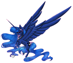 Size: 4305x3708 | Tagged: safe, artist:crazllana, artist:greenmarta, princess luna, alicorn, pony, collaboration, female, flying, simple background, solo, spread wings, transparent background, wings