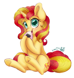 Size: 964x1018 | Tagged: safe, artist:emberslament, artist:greenmarta, sunset shimmer, pony, unicorn, g4, collaboration, cute, eating, female, food, looking at you, onigiri, shimmerbetes, simple background, sitting, solo, transparent background, underhoof