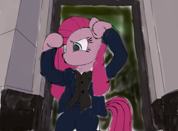 Size: 1024x753 | Tagged: safe, artist:paulli, pinkie pie, earth pony, pony, g4, bully maguire, clothes, dancing, jacket, male, marvel, pinkamena diane pie, solo, spider-man, spider-man 3