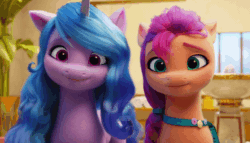 Size: 1050x600 | Tagged: safe, edit, edited screencap, screencap, izzy moonbow, sunny starscout, earth pony, pony, unicorn, g5, my little pony: a new generation, spoiler:my little pony: a new generation, animated, cute, disappointed, female, fountain, gif, head shake, izzybetes, jail, loop, mare, no, reaction image, sunnybetes