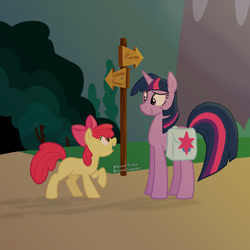 Size: 1280x1280 | Tagged: safe, artist:queertrixie, apple bloom, twilight sparkle, earth pony, pony, unicorn, story of the blanks, g4, bag, duo, duo female, female, filly, foal, mare, saddle bag, sign, unicorn twilight