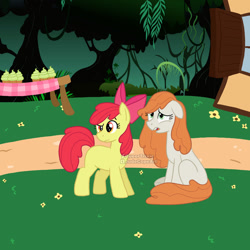 Size: 1280x1280 | Tagged: safe, artist:queertrixie, apple bloom, oc, oc:starlet, earth pony, pony, story of the blanks, g4, blank flank, building, cupcake, duo, duo female, everfree forest, female, filly, flower, foal, food, mare, open mouth, outdoors, path, sad, table, tablecloth, watermark