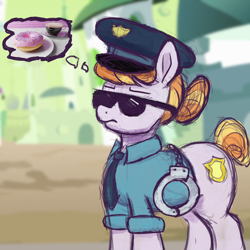 Size: 2000x2000 | Tagged: safe, artist:phutashi, copper top, earth pony, pony, g4, clothes, cuffs, donut, female, food, hat, high res, mare, necktie, police, shirt, solo, sunglasses, thought bubble