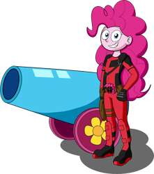 Size: 2302x2606 | Tagged: safe, artist:retroneb, pinkie pie, human, equestria girls, g4, clothes, clothes swap, cosplay, costume, deadpool, female, high res, marvel, party cannon, pinkiepool, simple background, solo, transparent background