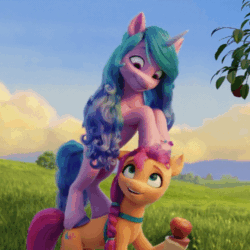 Size: 600x600 | Tagged: safe, edit, edited screencap, screencap, izzy moonbow, sunny starscout, earth pony, pony, unicorn, g5, my little pony: a new generation, spoiler:my little pony: a new generation, animated, apple, duo, female, field, food, gif, izzy moonbow riding sunny starcout, loop, mare, nodding, ponies riding ponies, riding, sky, stacked, yes